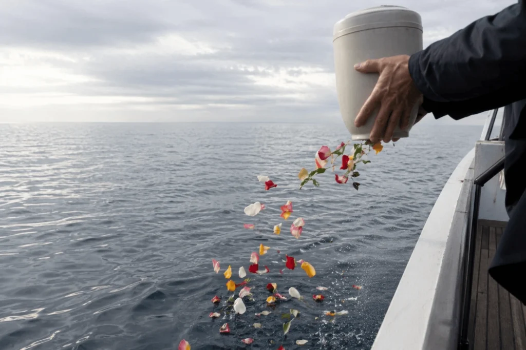Seebestattung in Hamburg – Urne wird im Meer beigesetzt mit Blumen